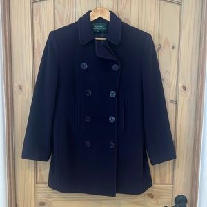 ❄️🌸 LAUREN by Ralph Lauren Navy Blue Wool Cashmere Blend Peacoat Pea Coat EUC